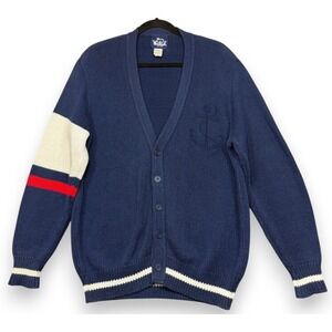 Vintage Woolrich Cardigan Mens M Blue Nautical Anchor Striped Loose Knit Cotton